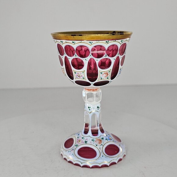 Harrach Bohemian Double Overlay Enamel Floral White Cranberry Wine Glass *FLAW - Picture 2 of 9